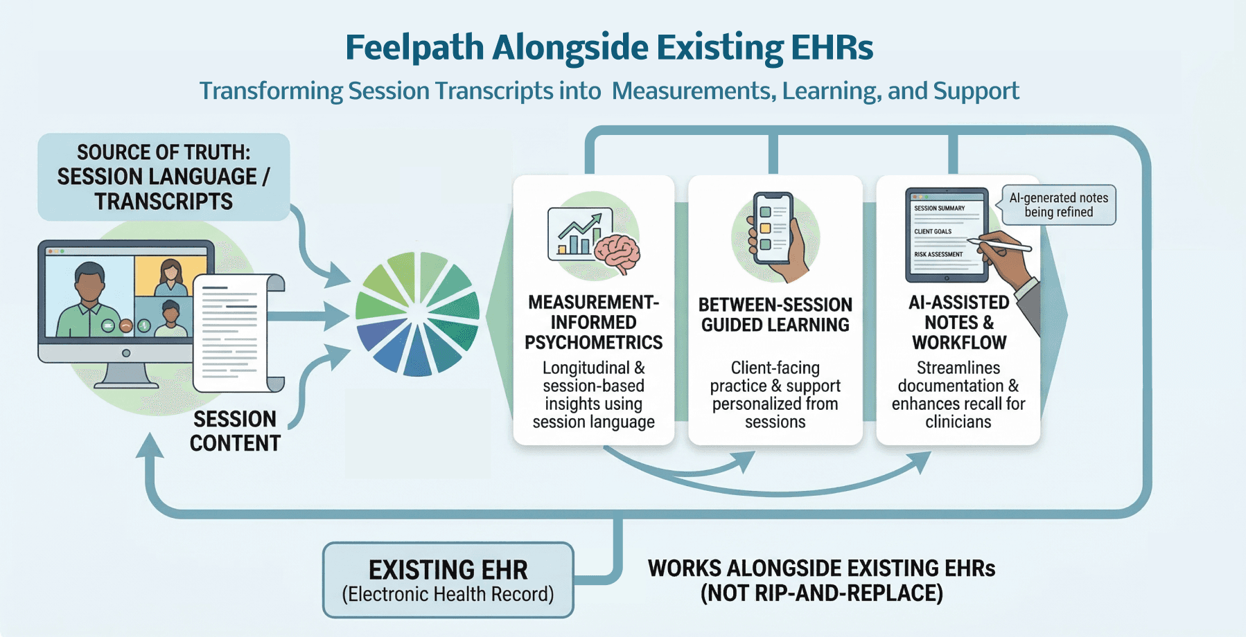 Diagram showing how session language becomes measurement-informed psychometrics, between-session guided learning, and AI-assisted notes in a continuous care loop.