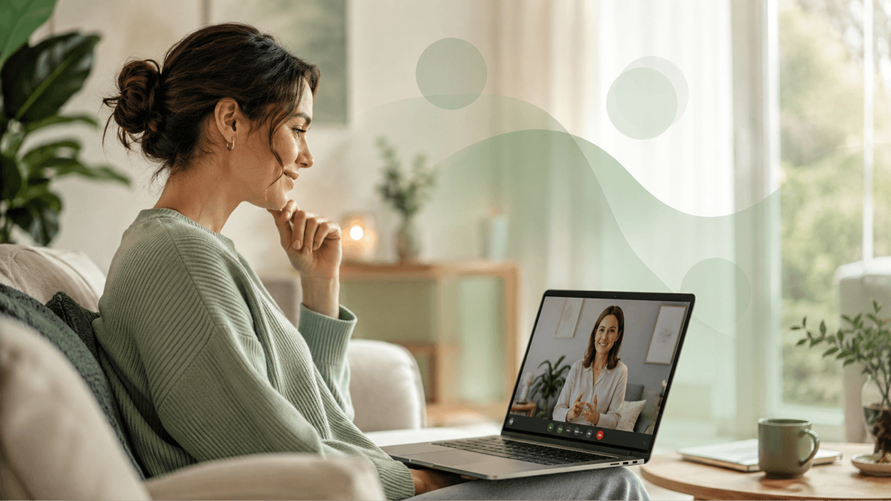A client sitting with a laptop during a telehealth therapy session.