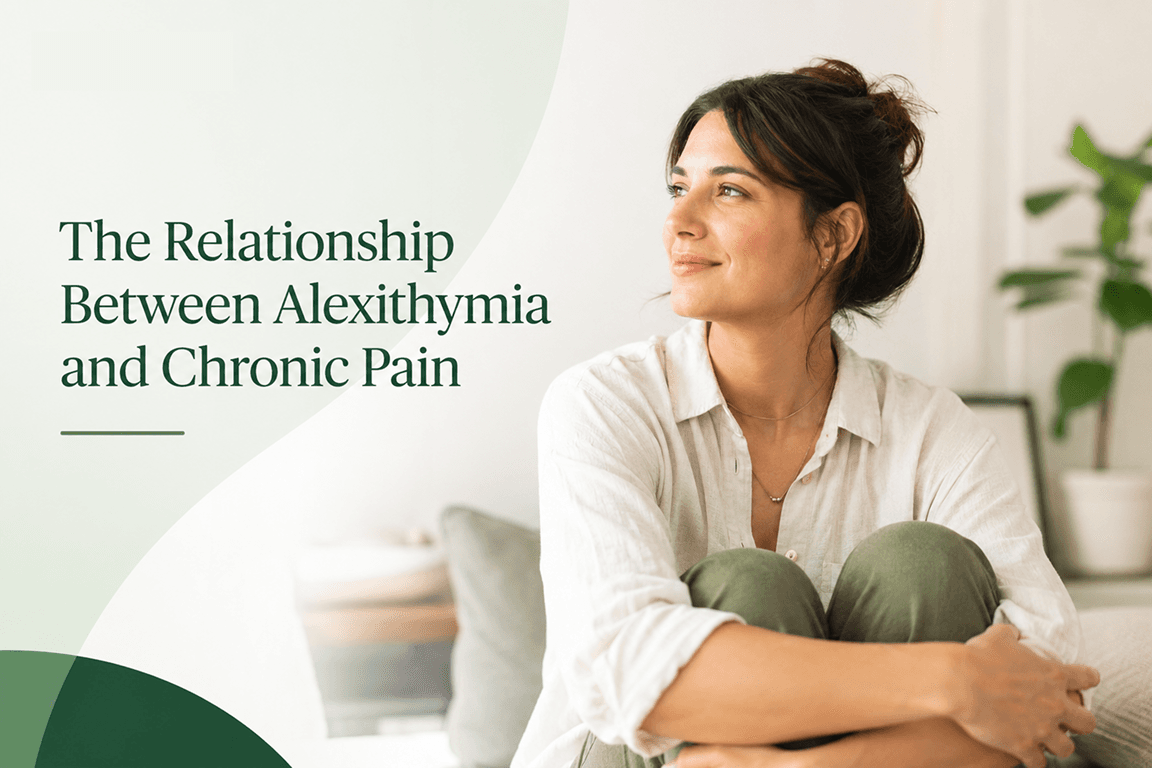 A woman seated beside the title The Relationship Between Alexithymia and Chronic Pain.