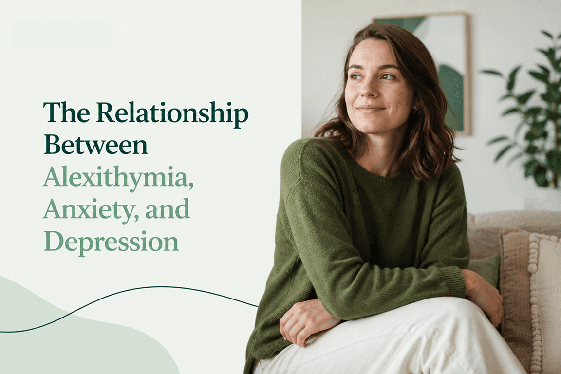A woman seated beside the title The Relationship Between Alexithymia, Anxiety, and Depression.