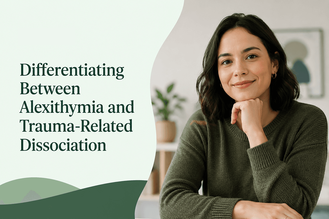 A woman seated beside the title Differentiating Between Alexithymia and Trauma-Related Dissociation.