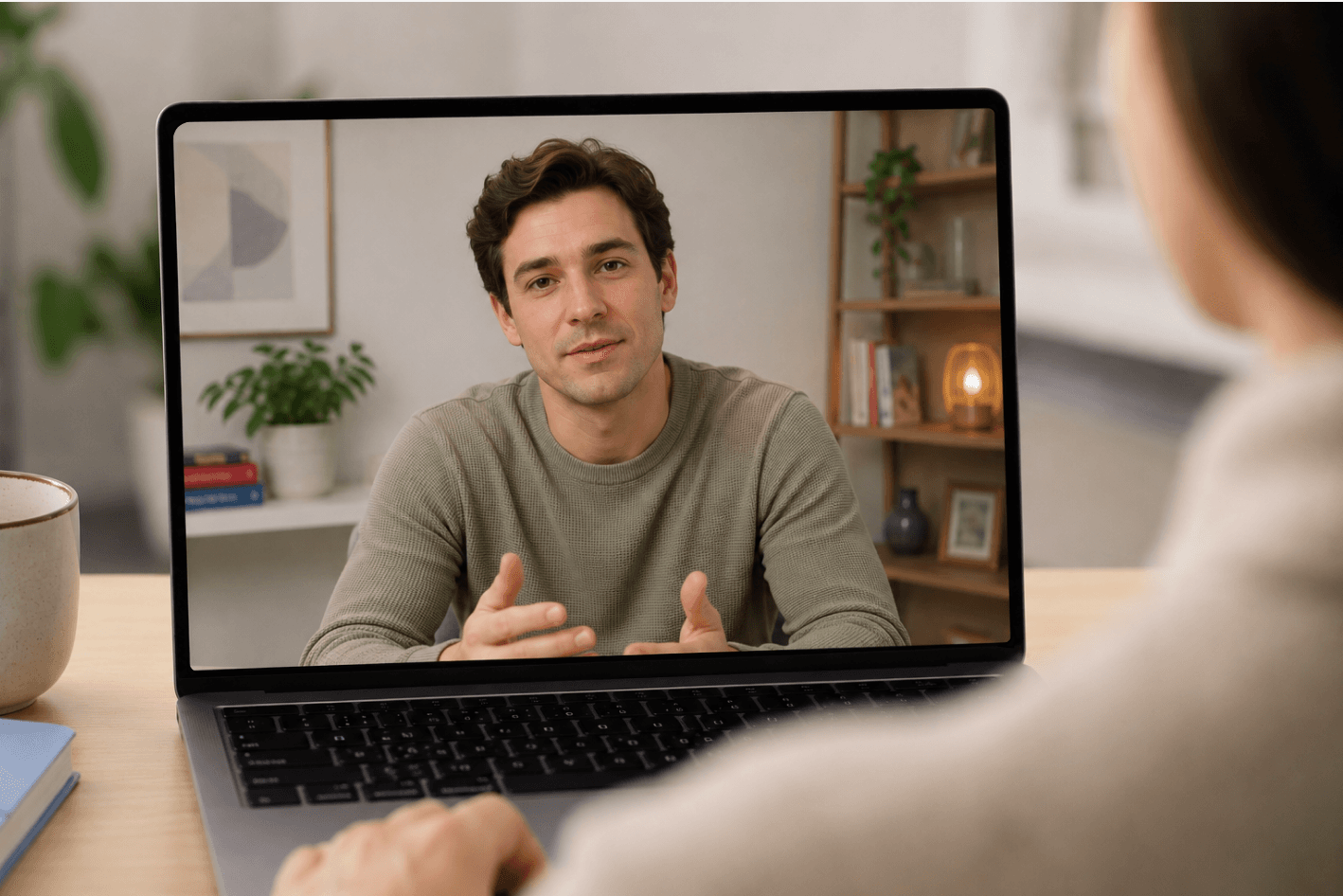 A therapist speaking with a client over a video call.