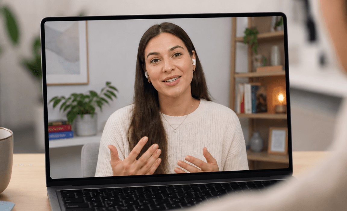 A therapist speaking to a client over a video call.