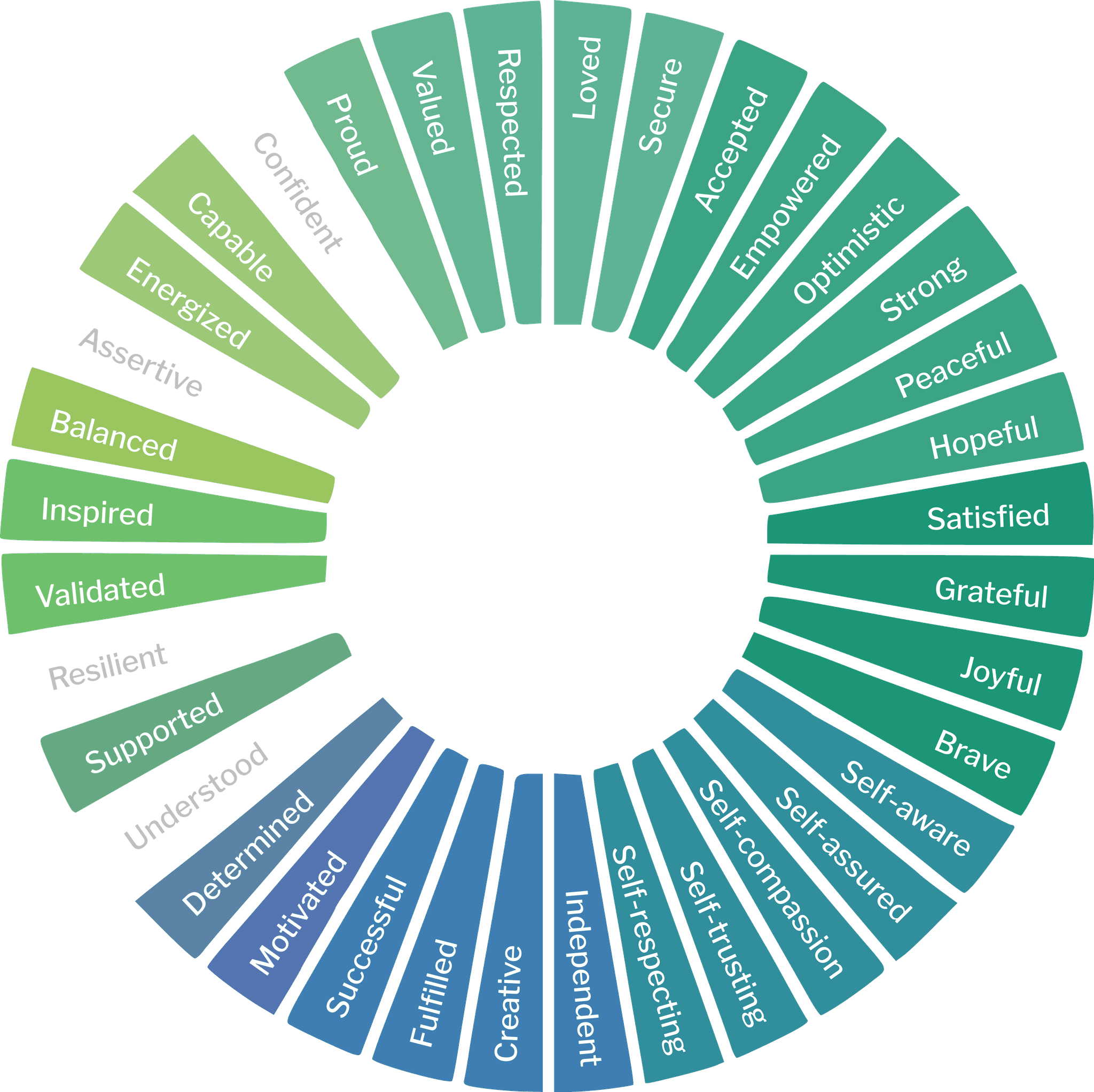 A feelings wheel illustration showing a range of emotion words