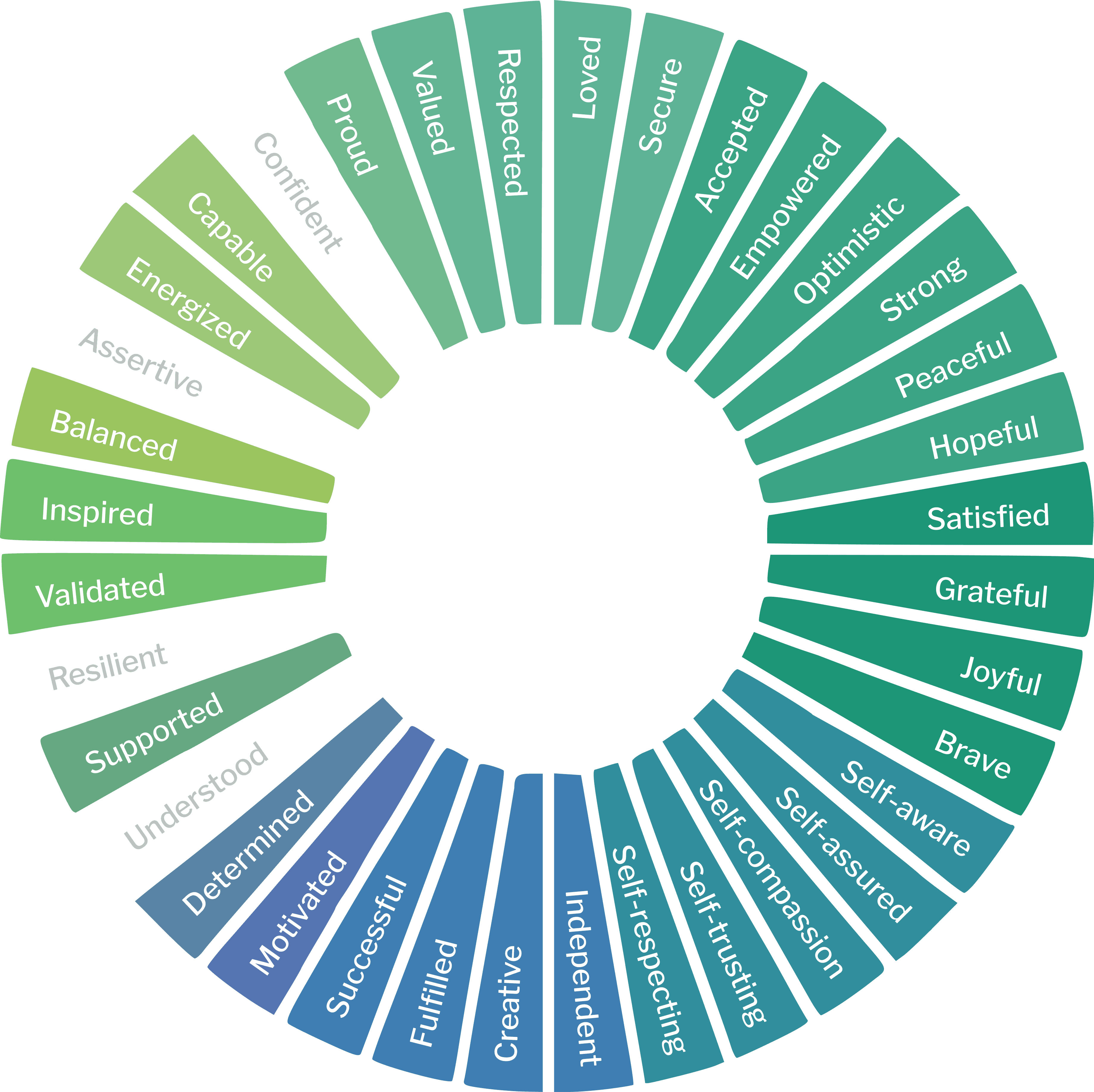 A feelings wheel illustration showing a range of emotion words