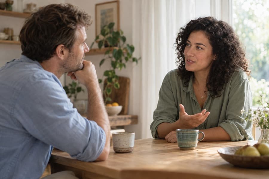 Two adults listening and talking at a kitchen table