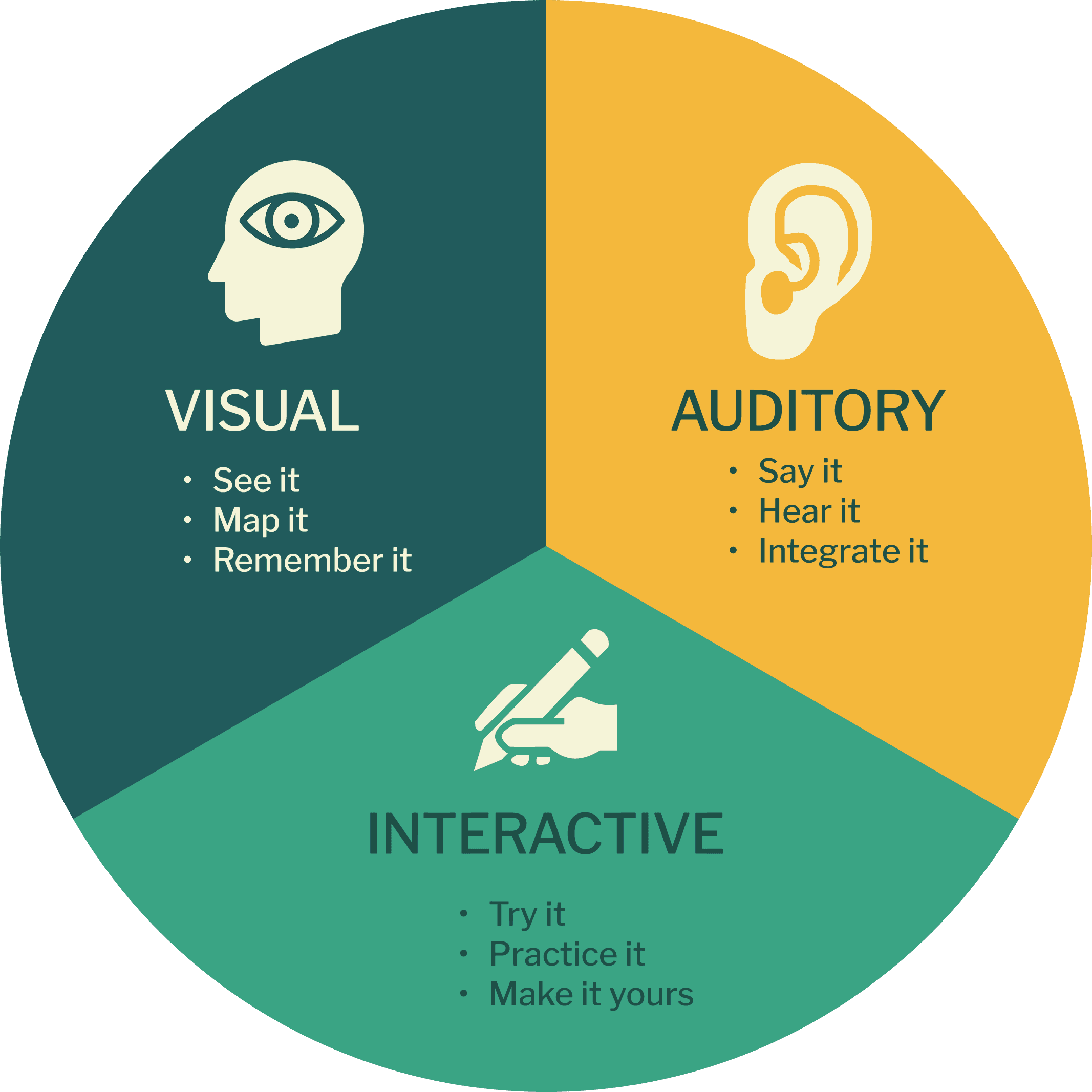 Learning styles graphic showing Visual, Auditory, and Interactive segments