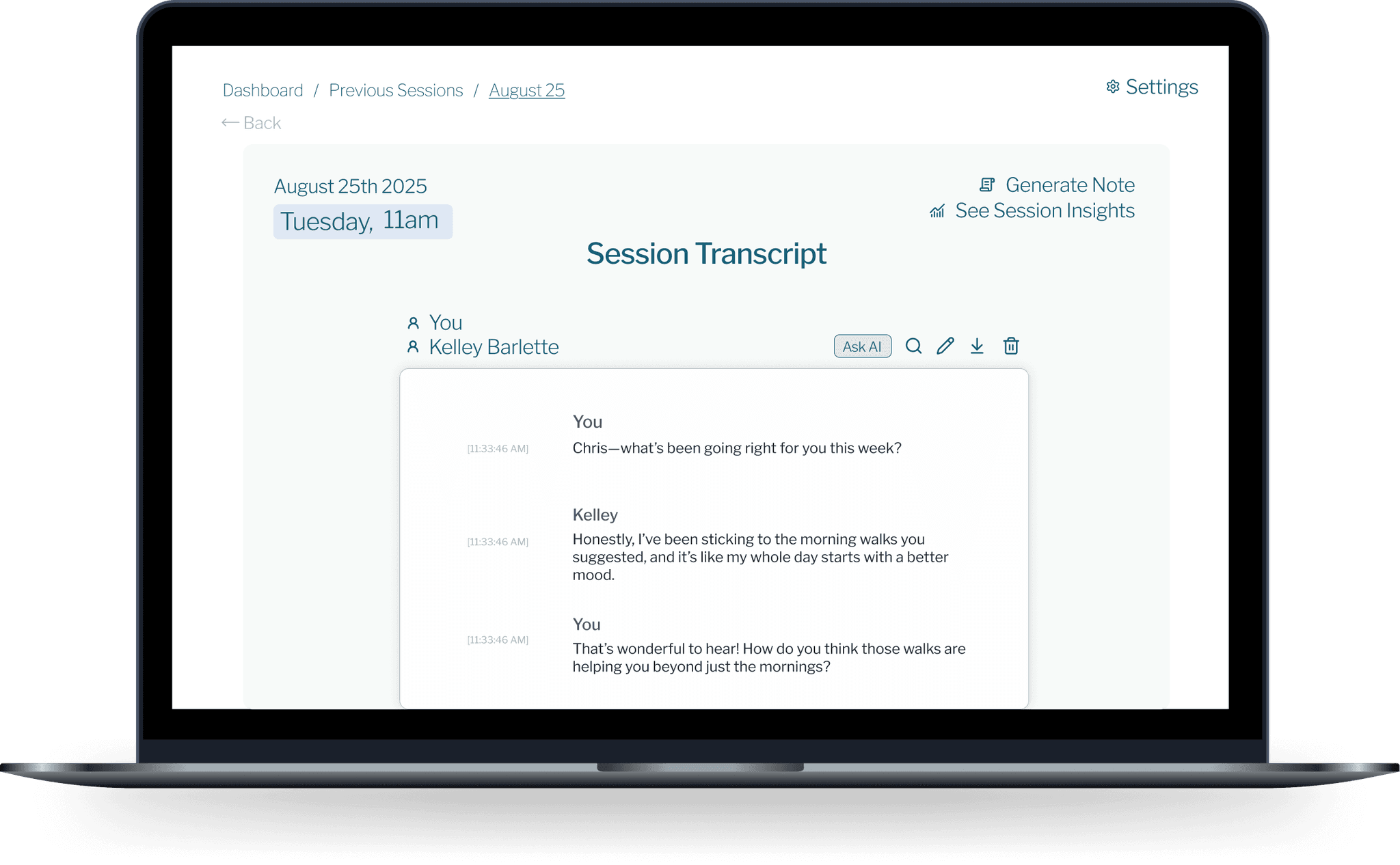 A saved session transcript view after a therapy session