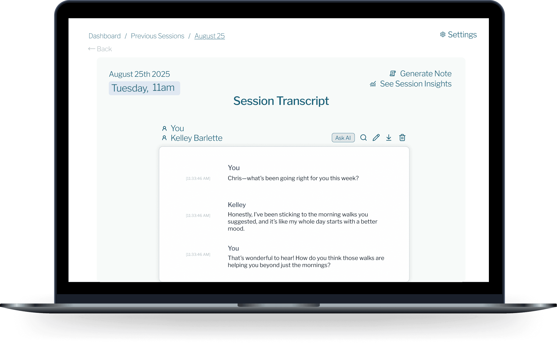 Saved session transcript in the Feelpath dashboard